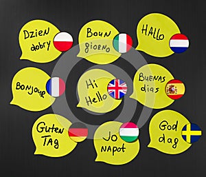 Learning foreign languages Ã¢â¬â¹Ã¢â¬â¹courses. Phrase greetings in different languages. Flags of the countries of the studied languages